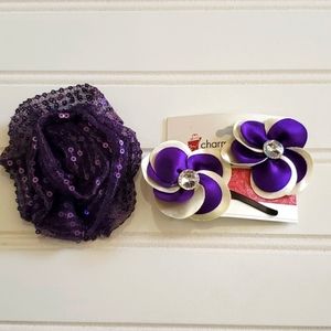 Purple Hair Bows Satin Flowers Sequin Rose Hair Accessories